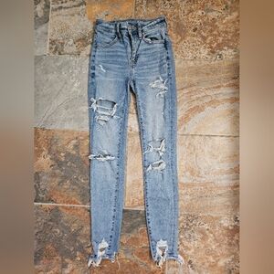Womens 00 American Eagle Outfitters High Rise Jeggings Light Blue Distressed Jea